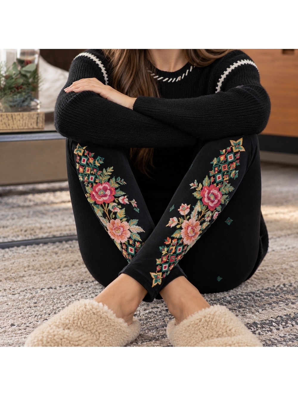 Johnny Was JW Los Angeles Wendy Embroidered Leggings Size L Boho Floral Festival